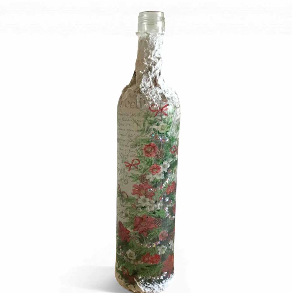 Making a Decoupage-bottle-light-3 match up design for snowman glass painted candle holder